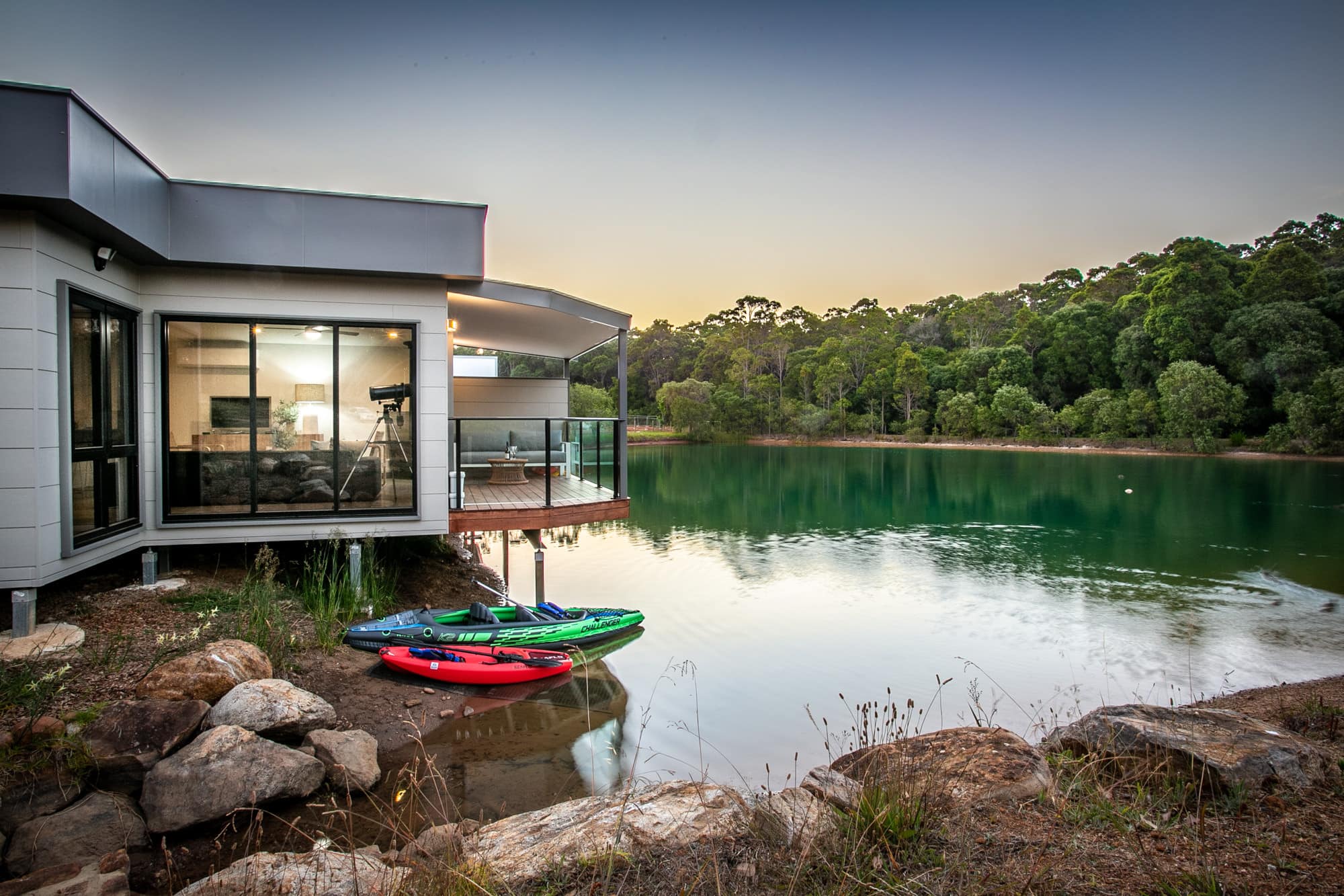 modern property in margaret river on a lake with kayaks