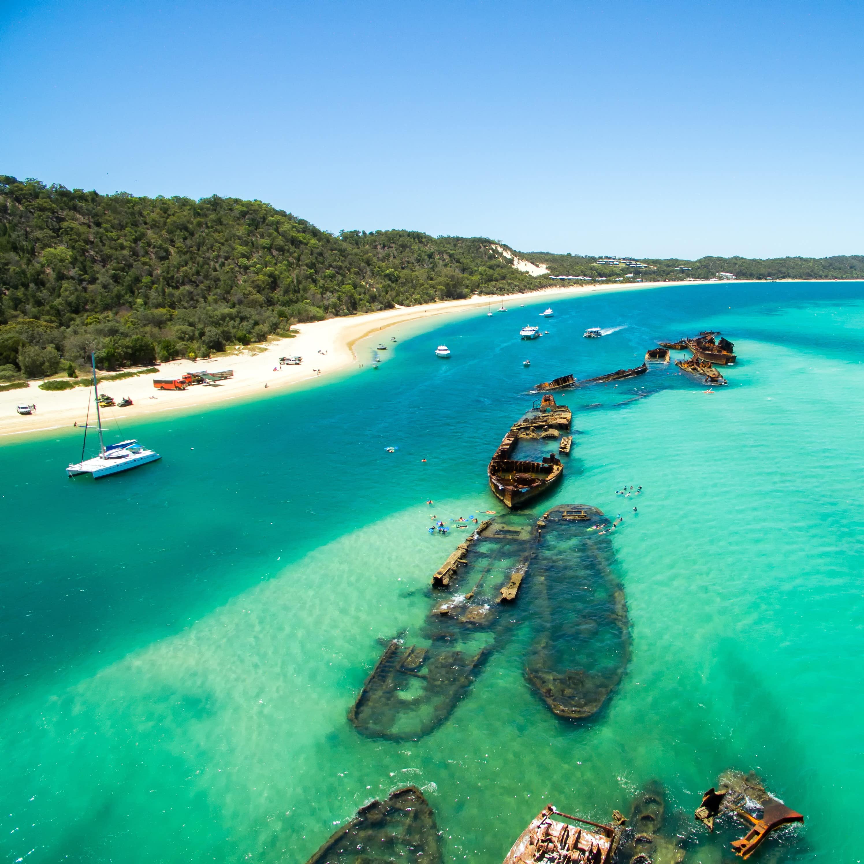 An aerial view of the shipwrecks on Moreton Island, Queensland, Australia
