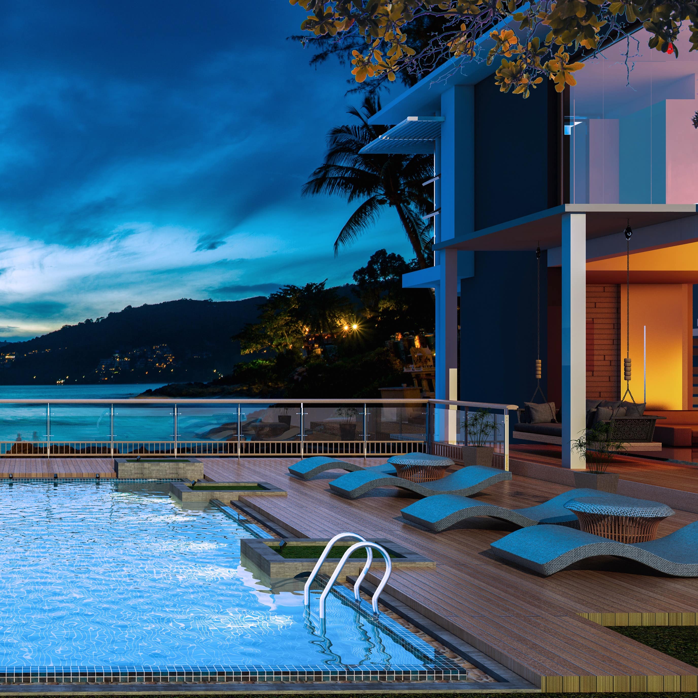 Nighttime sea view swimming pool in modern loft design