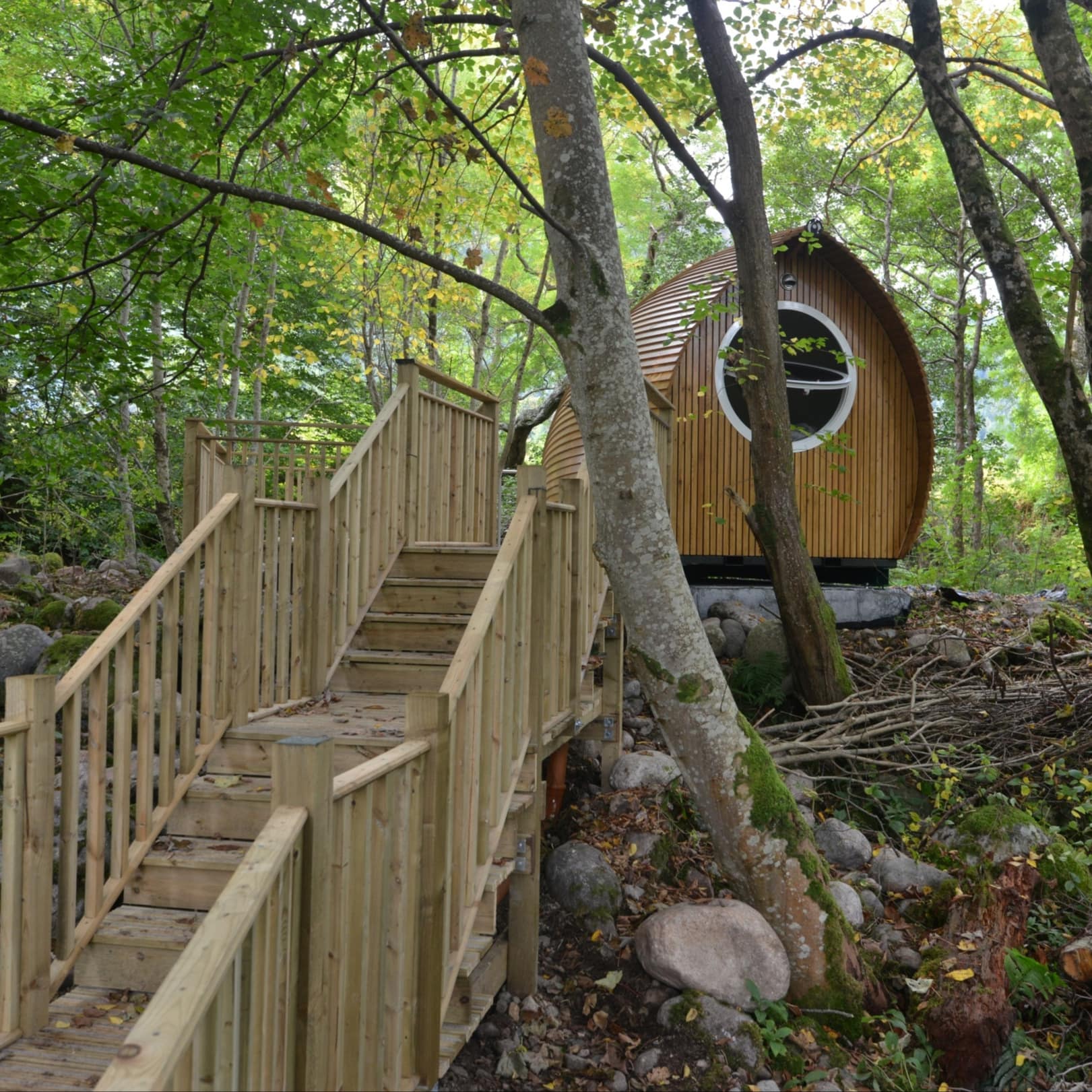 A luxury wood pod with a rounded A-frame and portal window set in the forest with a wooden stair to the pod