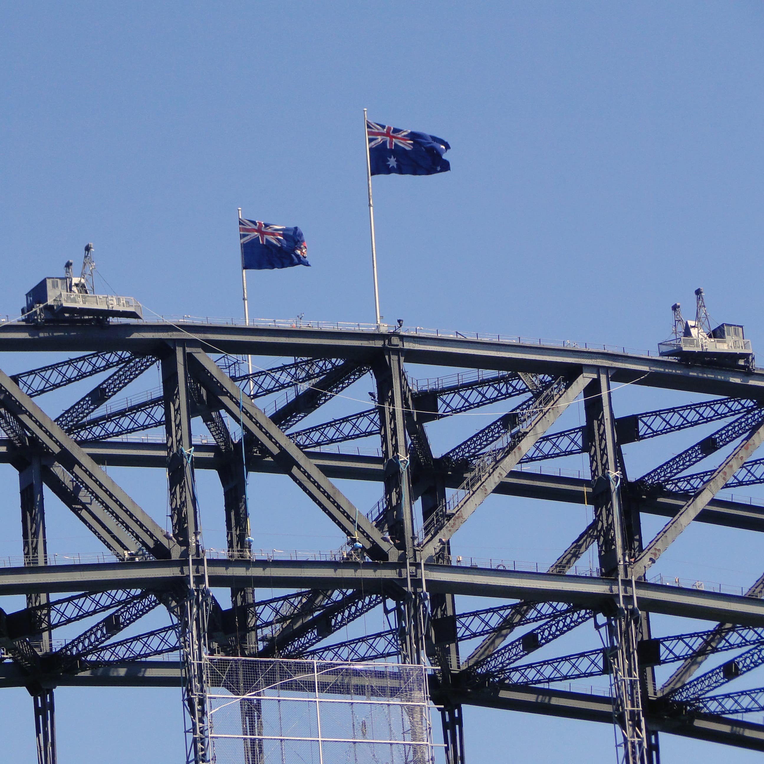 People standing near top or bridge after doing the Sydney Bridge climb with two Australian flags flying in wind
