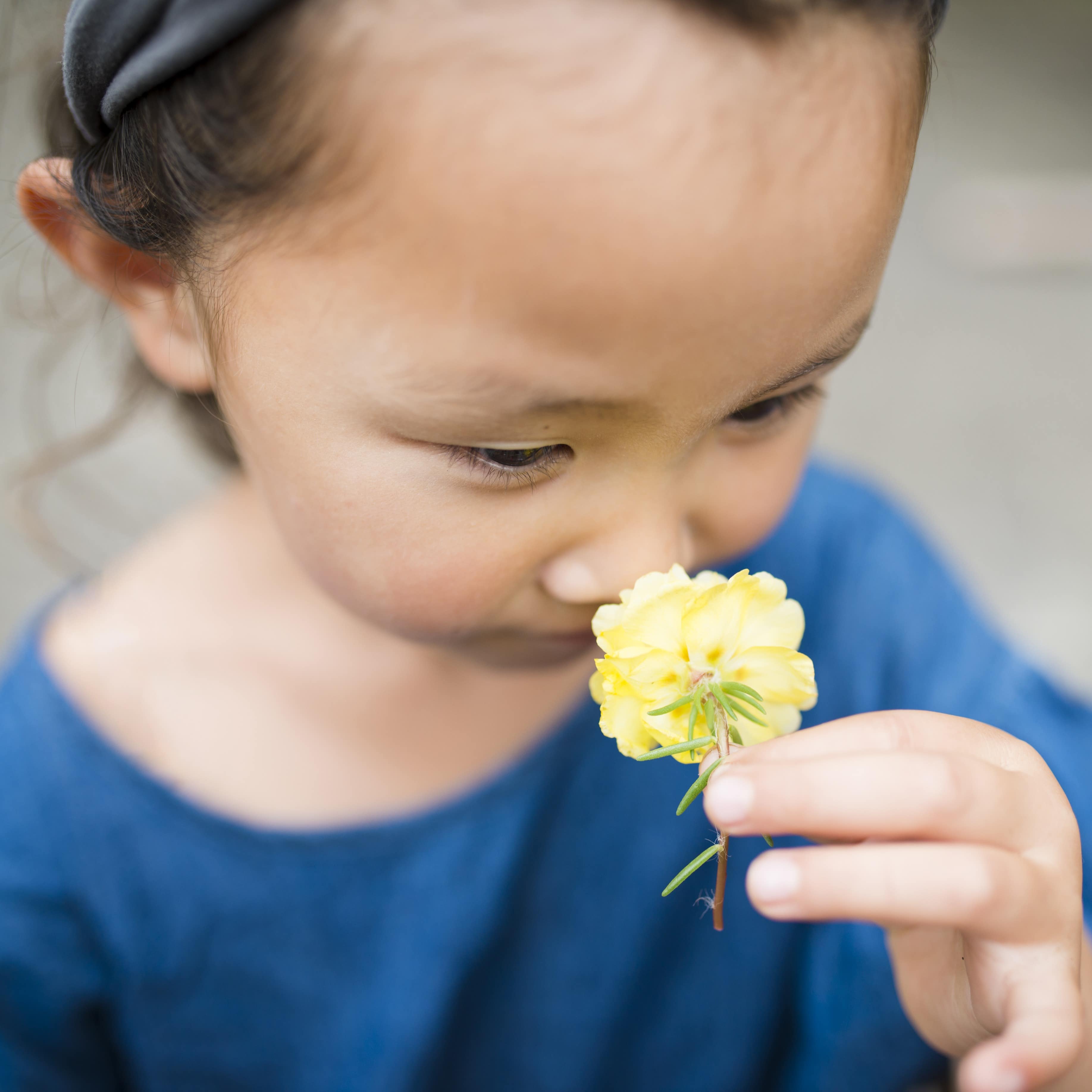 Little girl to smell the scent of flower
