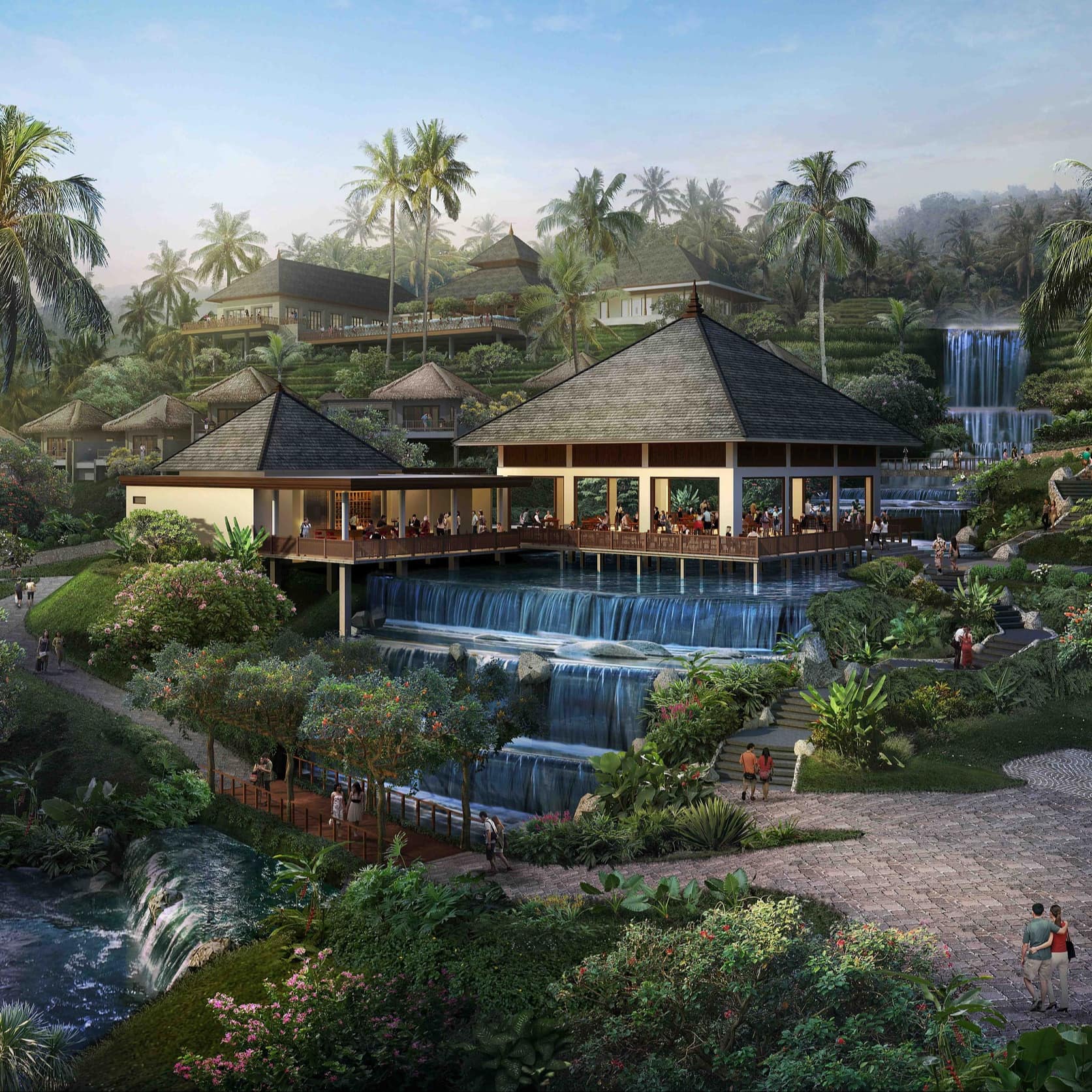 Rendering of idyllic Bali villa built on a waterfall with a large pavilion and pathways and stairs to various buildings