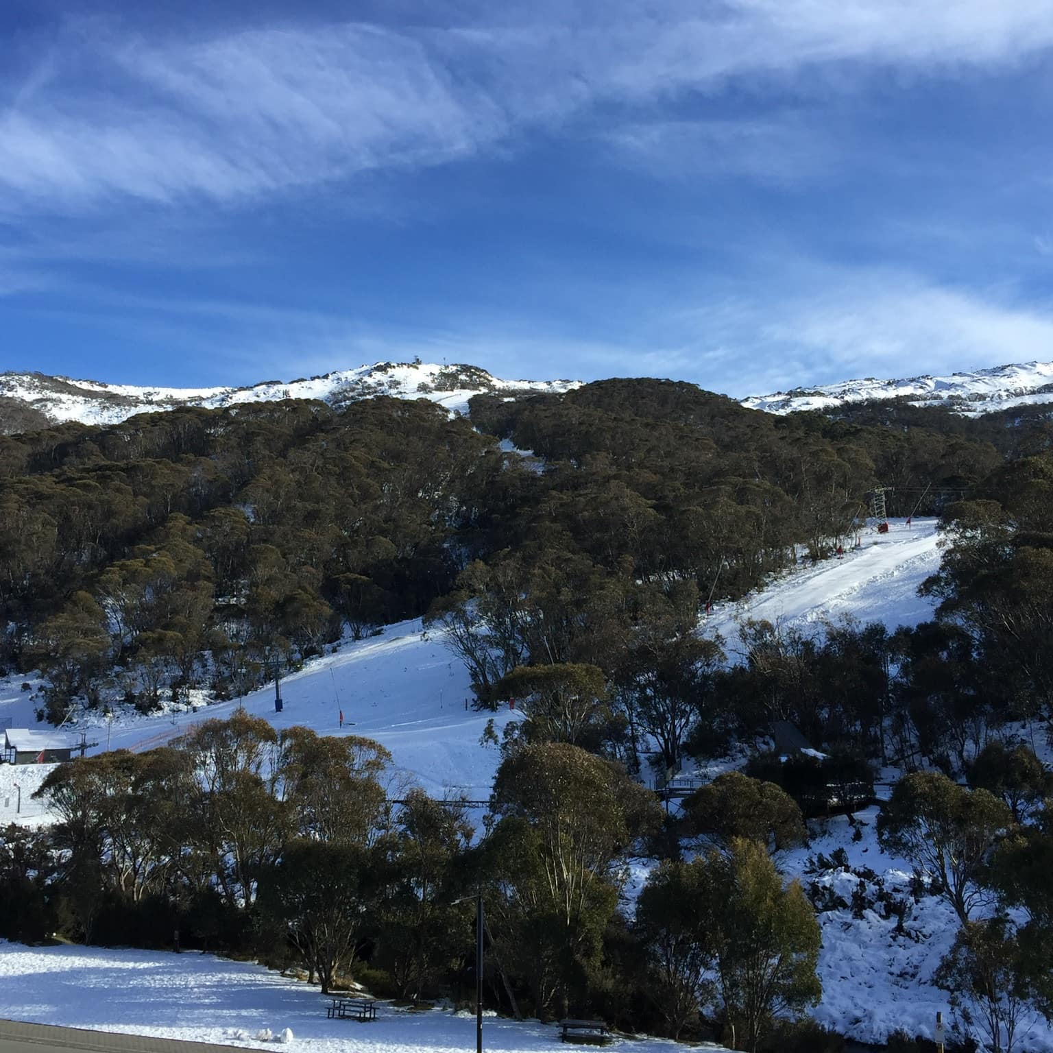 View of snow-covered main slopes of Thredbo from Alpine Vista 1-bedroom apartment