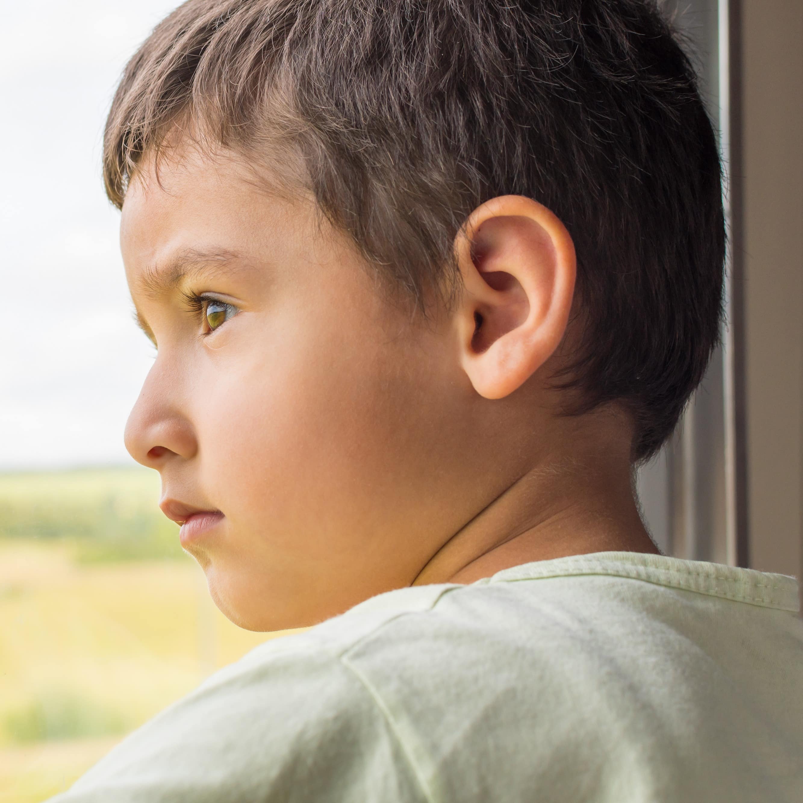 A young boy looks out the window of the train