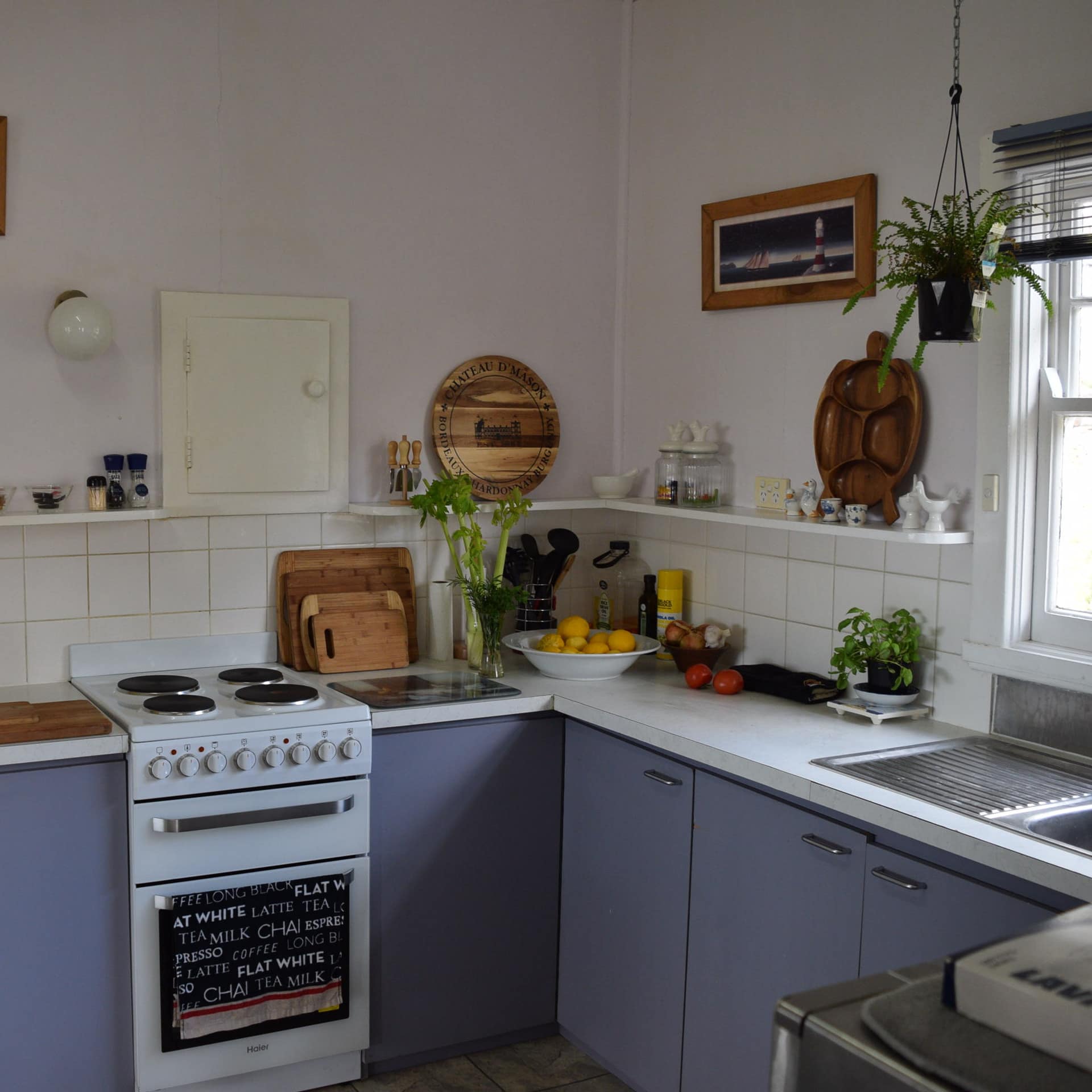 A charming kitchen, light lavender walls, purple cabinets, white countertops, appliances, fruit and plants on the counter.