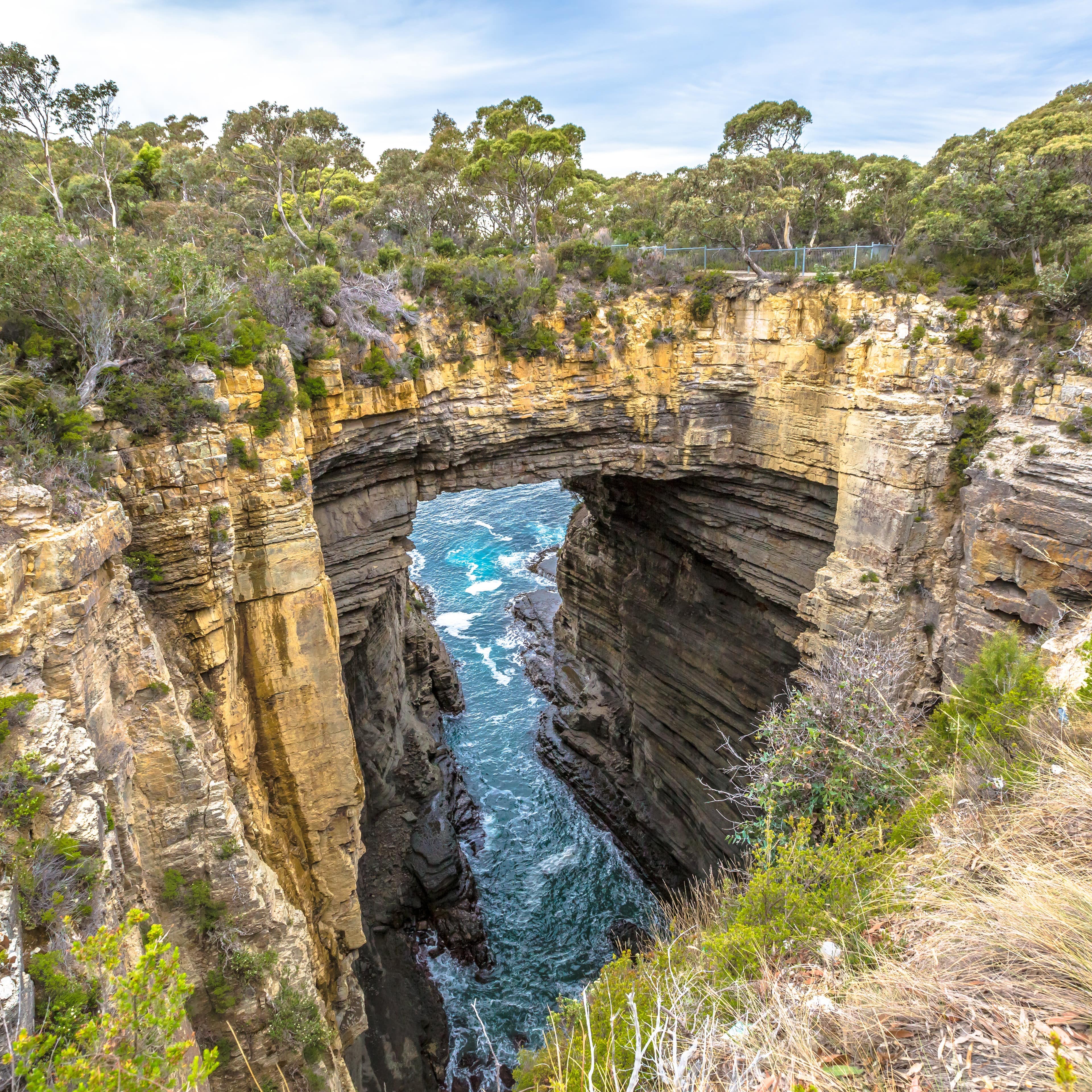 Tasman Arch is an unusual geological formation found in the Tasman National Park in Tasmania, Australia, with sea floating through the arch