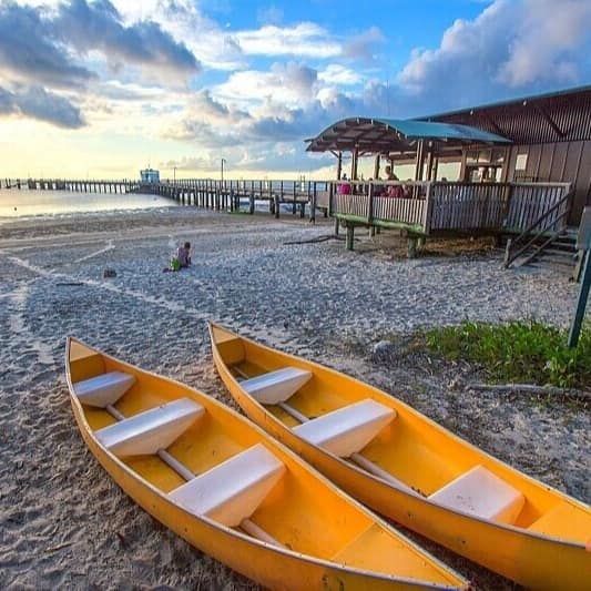 Two yellow canoes with ocean in the background