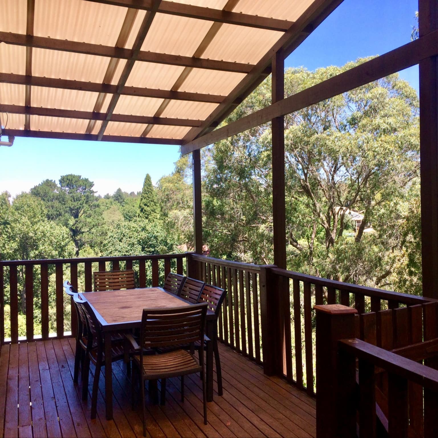 A covered wooden deck with wooden dining set overlooking lush forest.