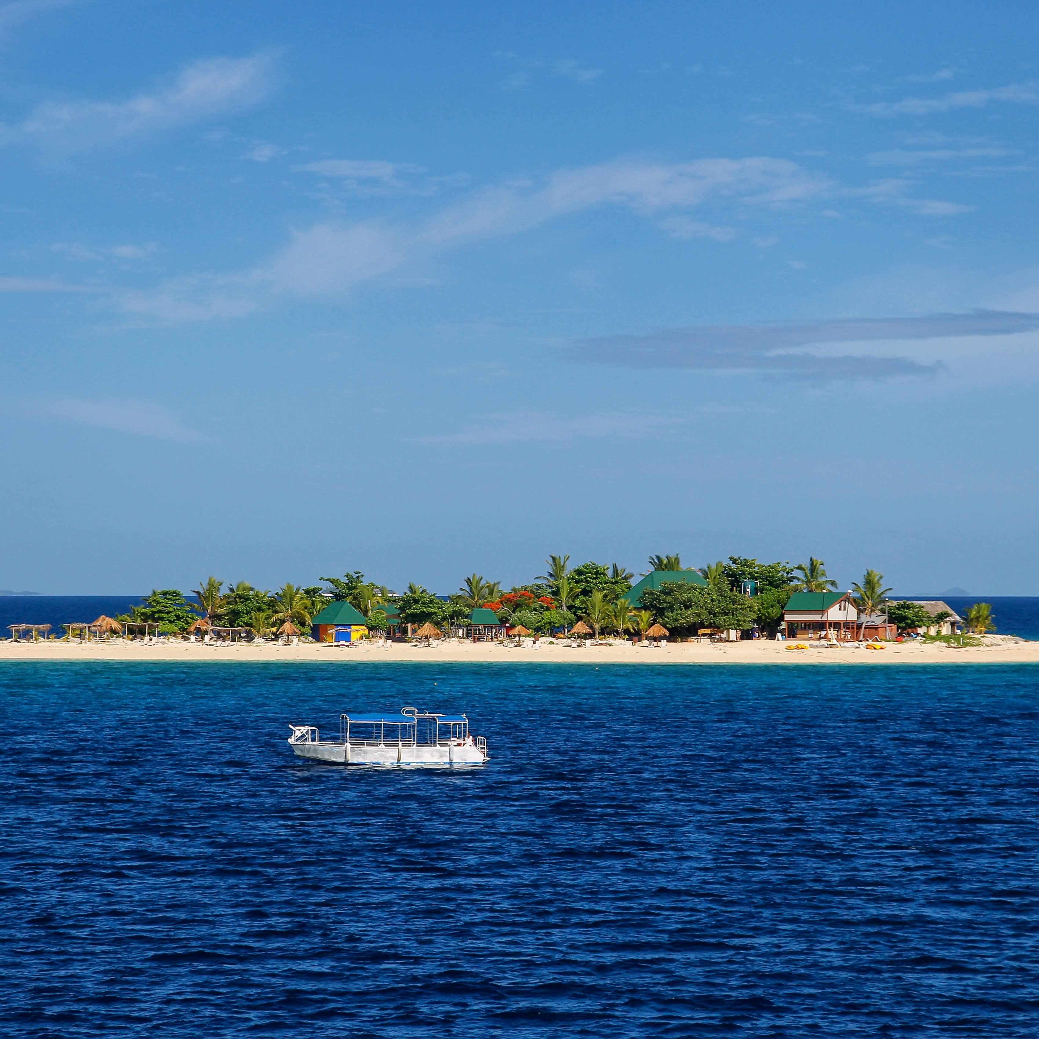 Boat headed to South Sea Island in Mamanuca Island group, Fiji