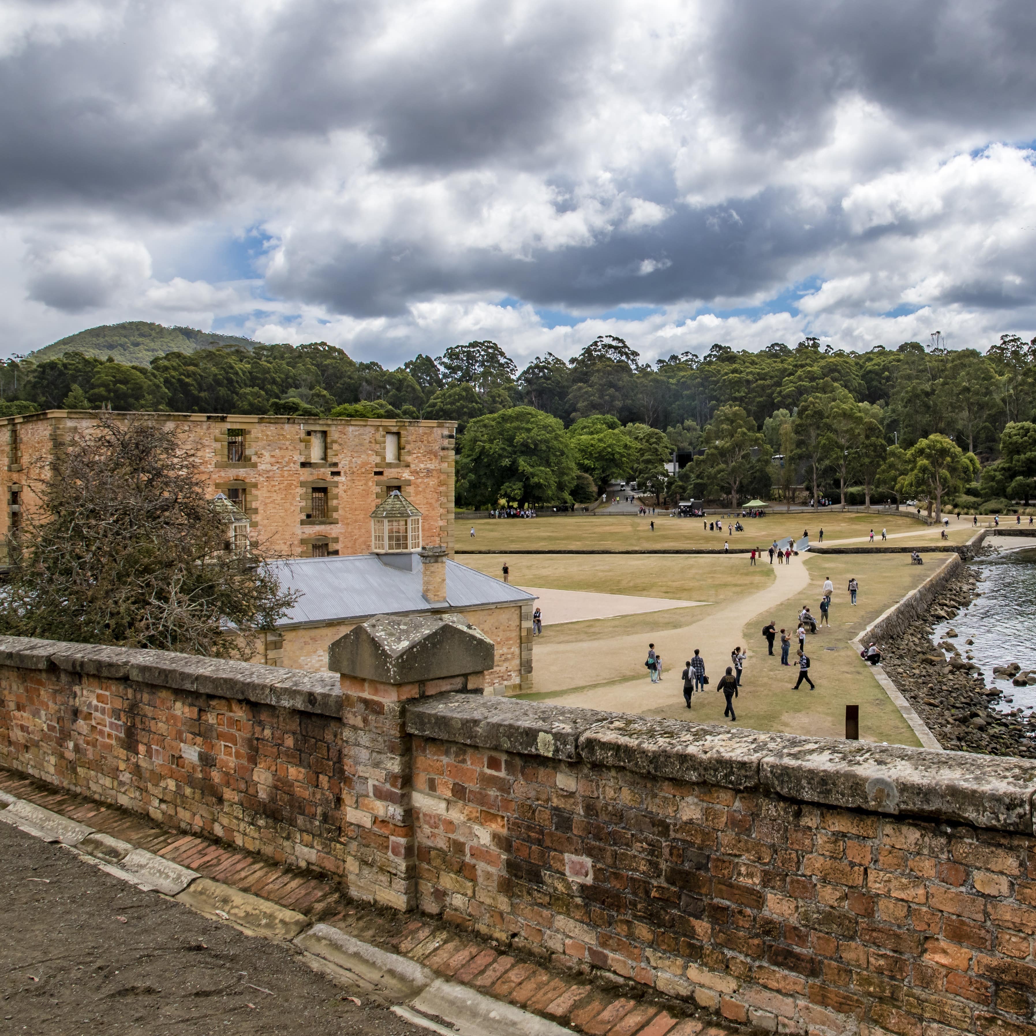 Scenic view of old buildings Port Arthur, Tasmania, Australia with ruins of the prison, tourist destination, World Heritage Site