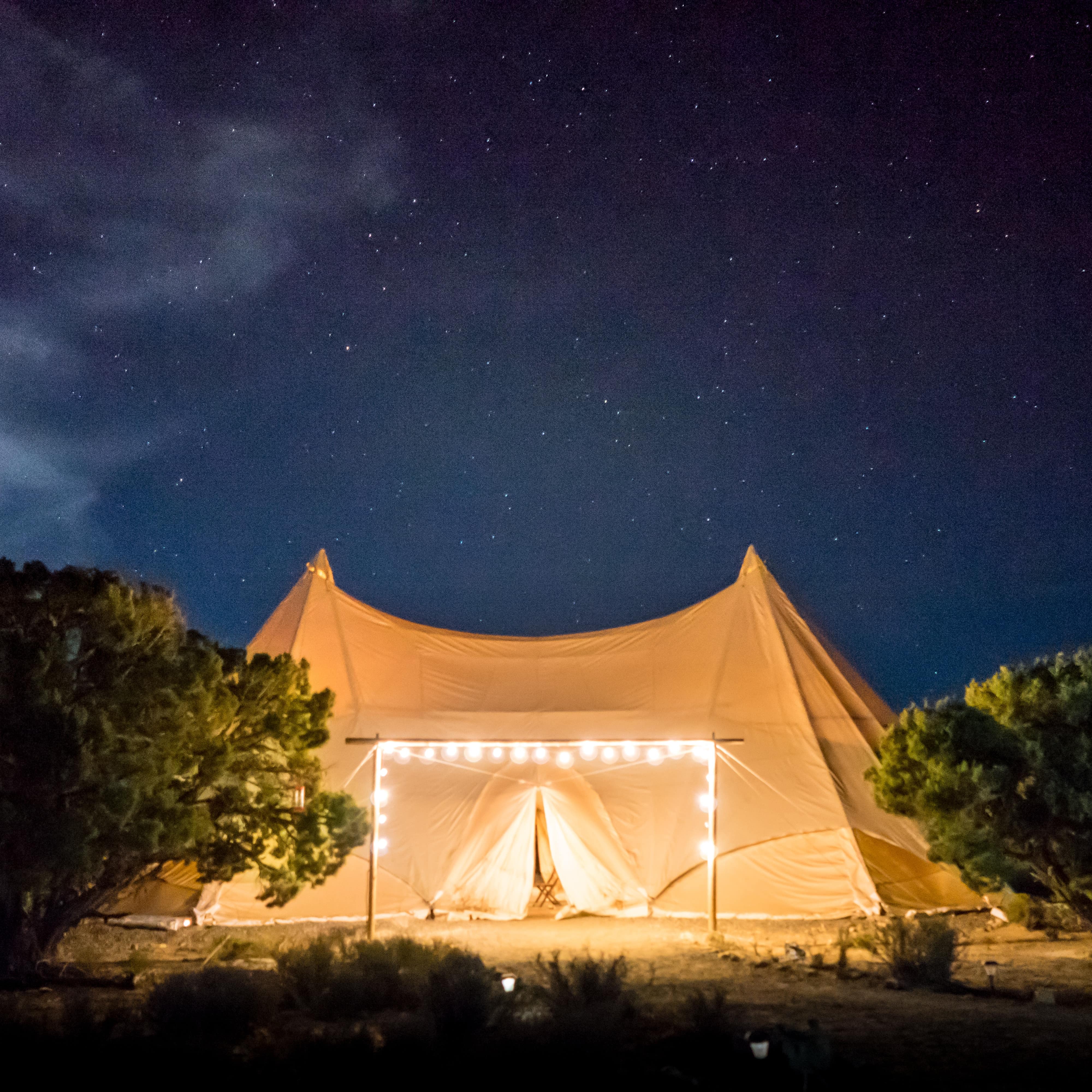 A deluxe tent lit by string lights at night in the bush with two small trees and a deep blue, starlit evening sky