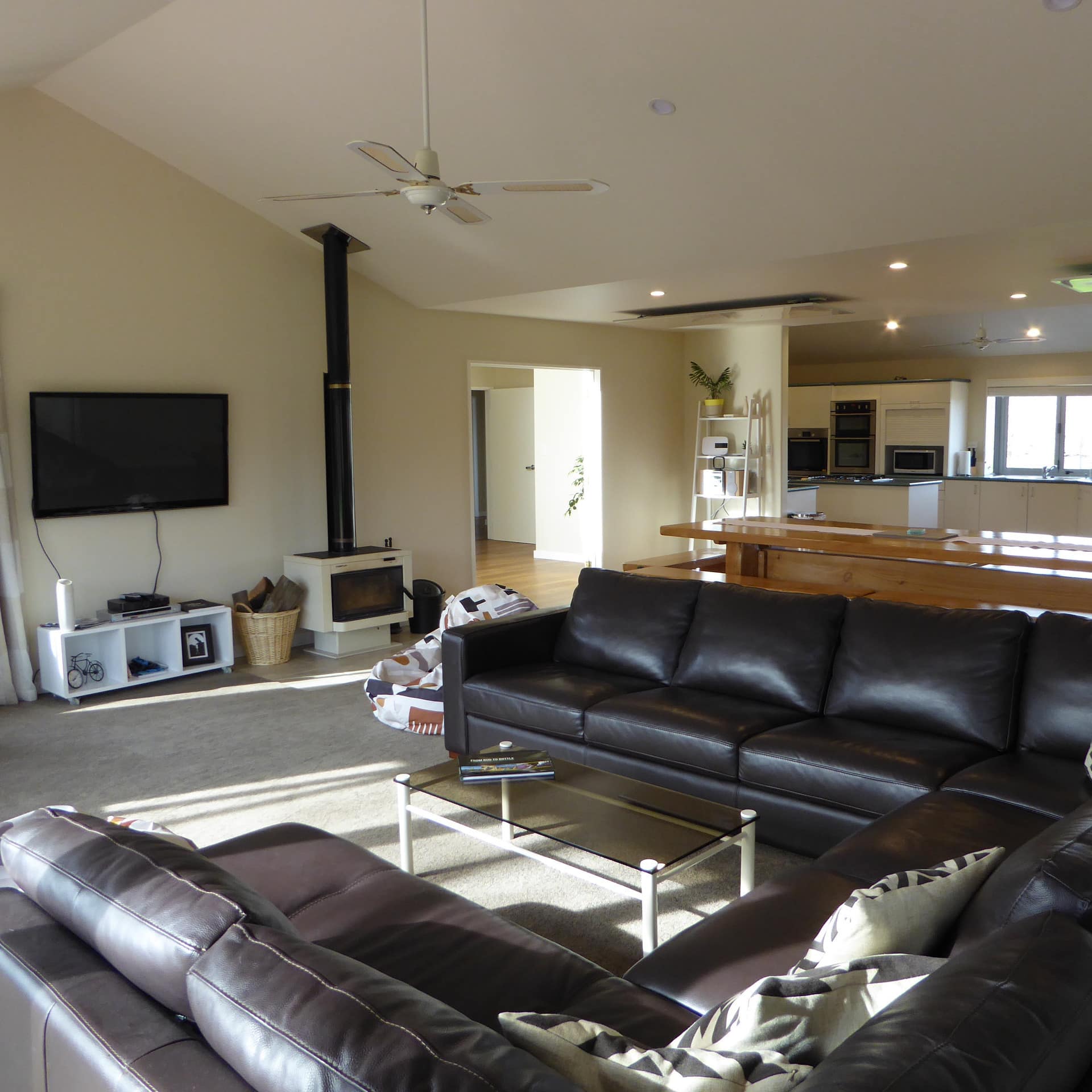 Open living room, dining room and kitchen of large 8-bedroom lodge