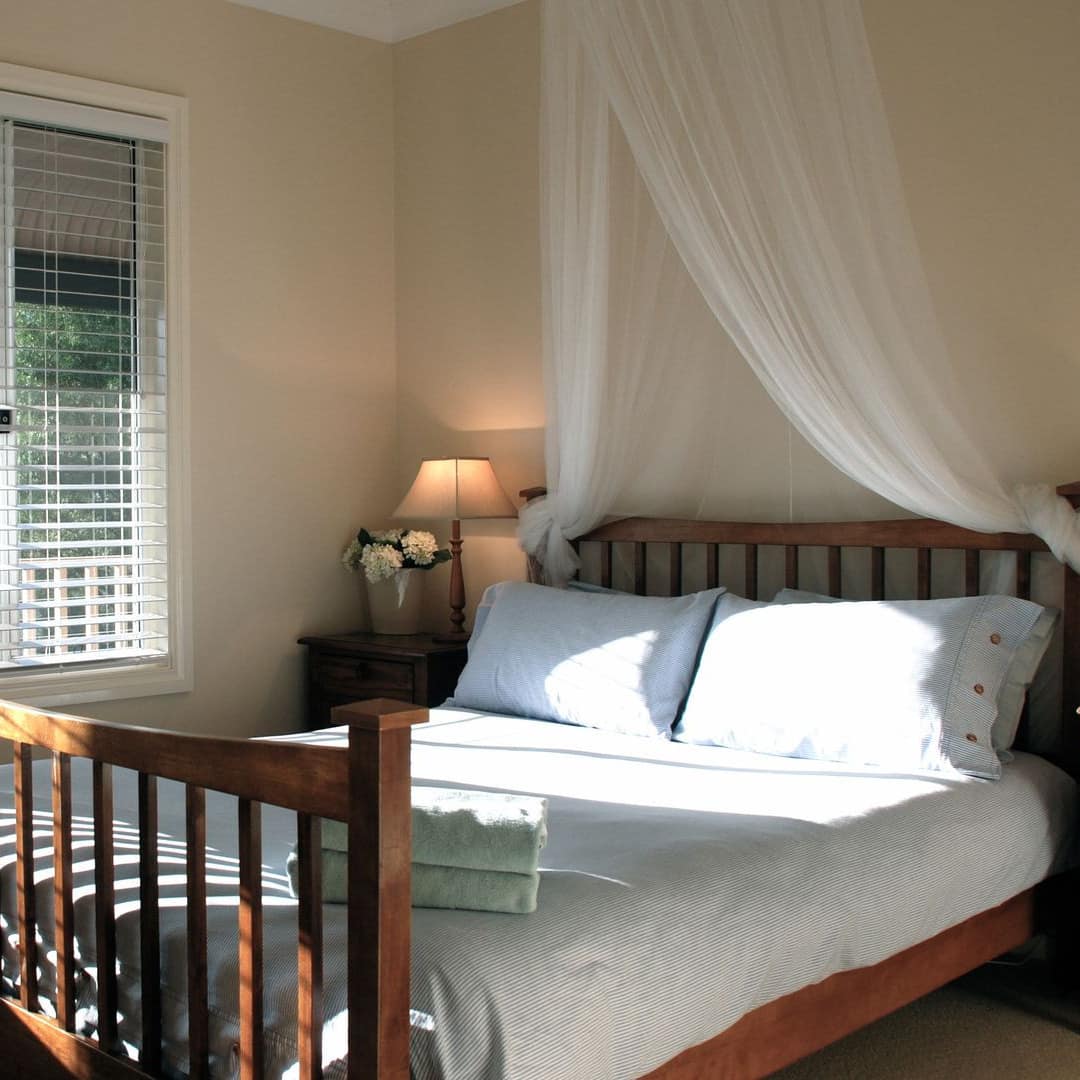 Sunny bedroom with beige carpet and white walls, wood-framed king size bed, light blue bedding, and a sheer canopy.