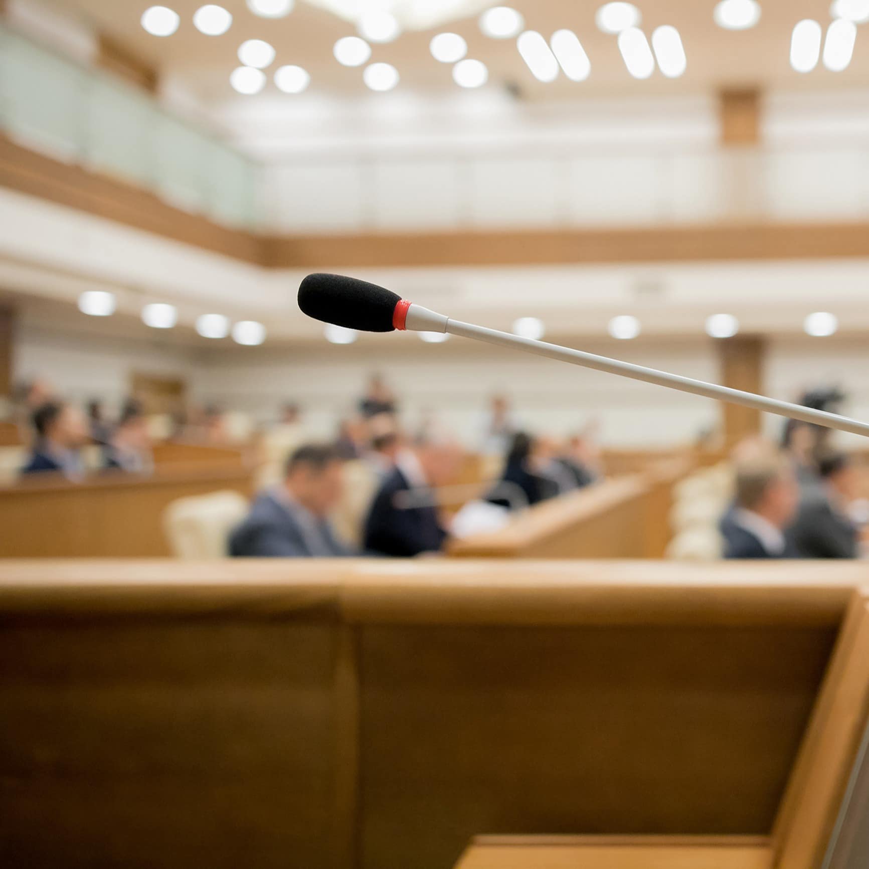 Session of government with microphone in foreground