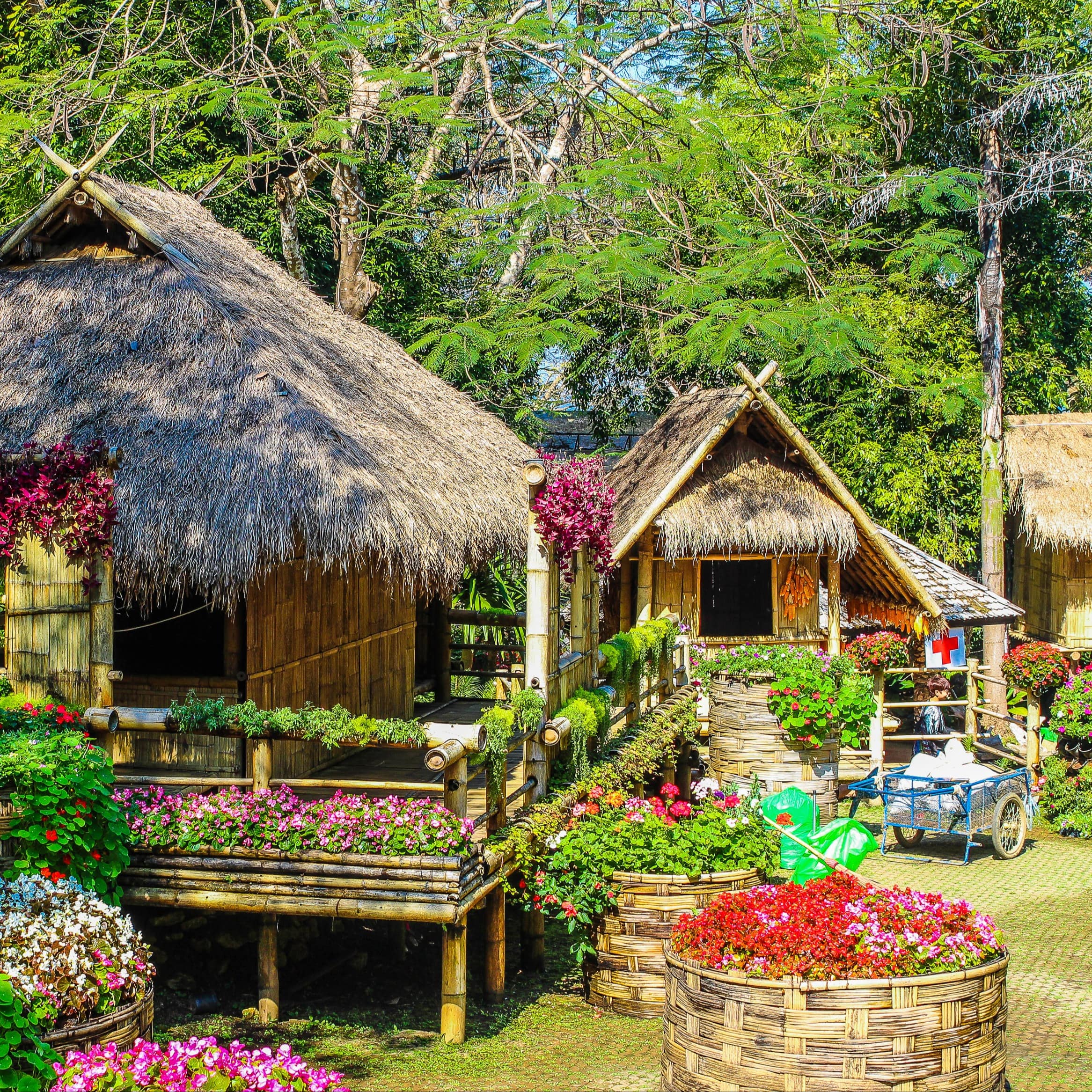 Three treehouse villas with thatched roofs and porches surrounded by bamboo planters filled with flowering plants