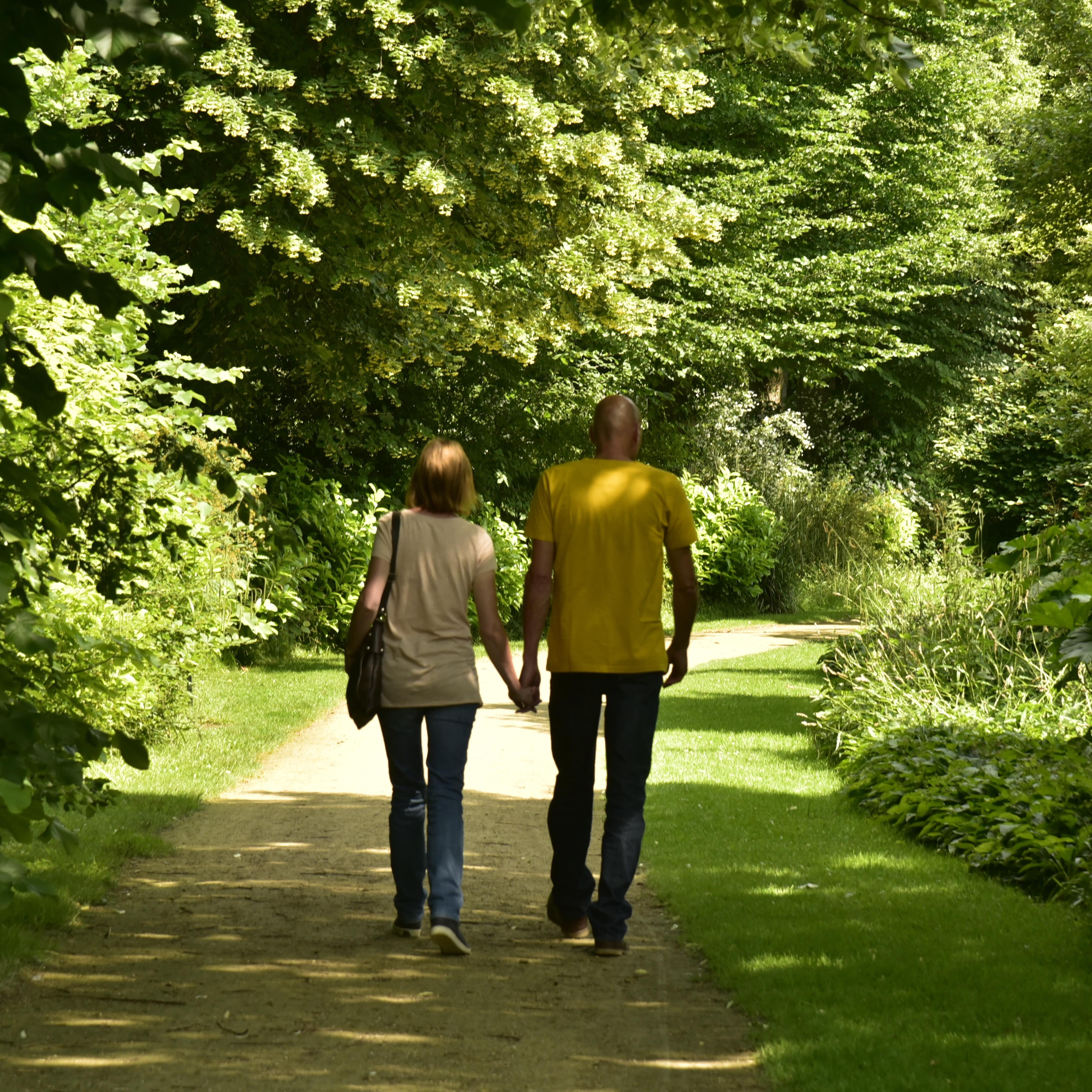 Rear view of couple walking through botanical garden