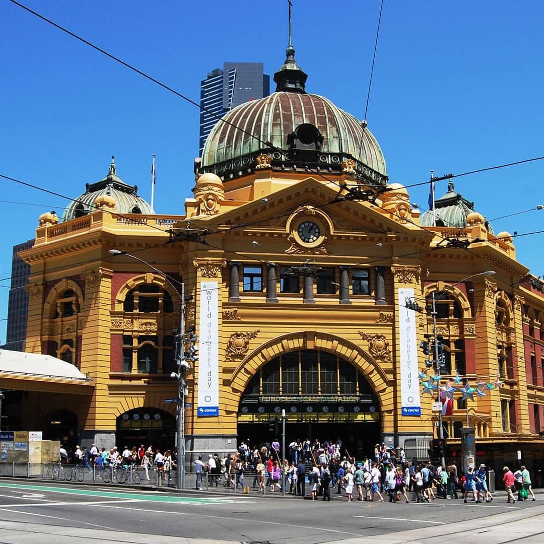 View of historic Flinders Street Railway Station in Federation Square.
