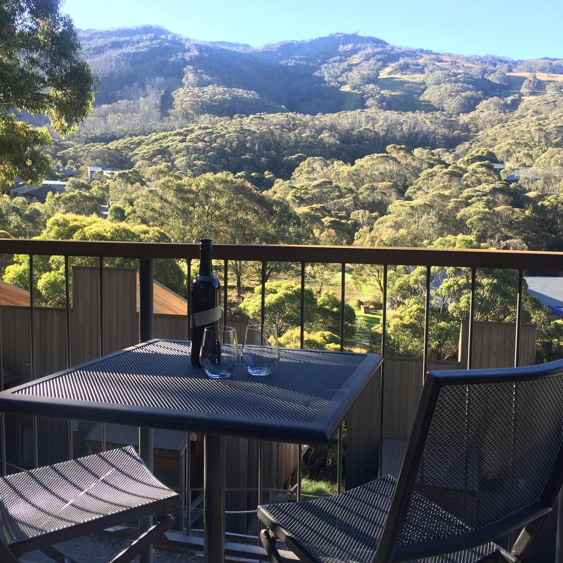 A balcony overlooking a densely forested valley, iron railings, black metal dining set, wine and wine glasses on the table.