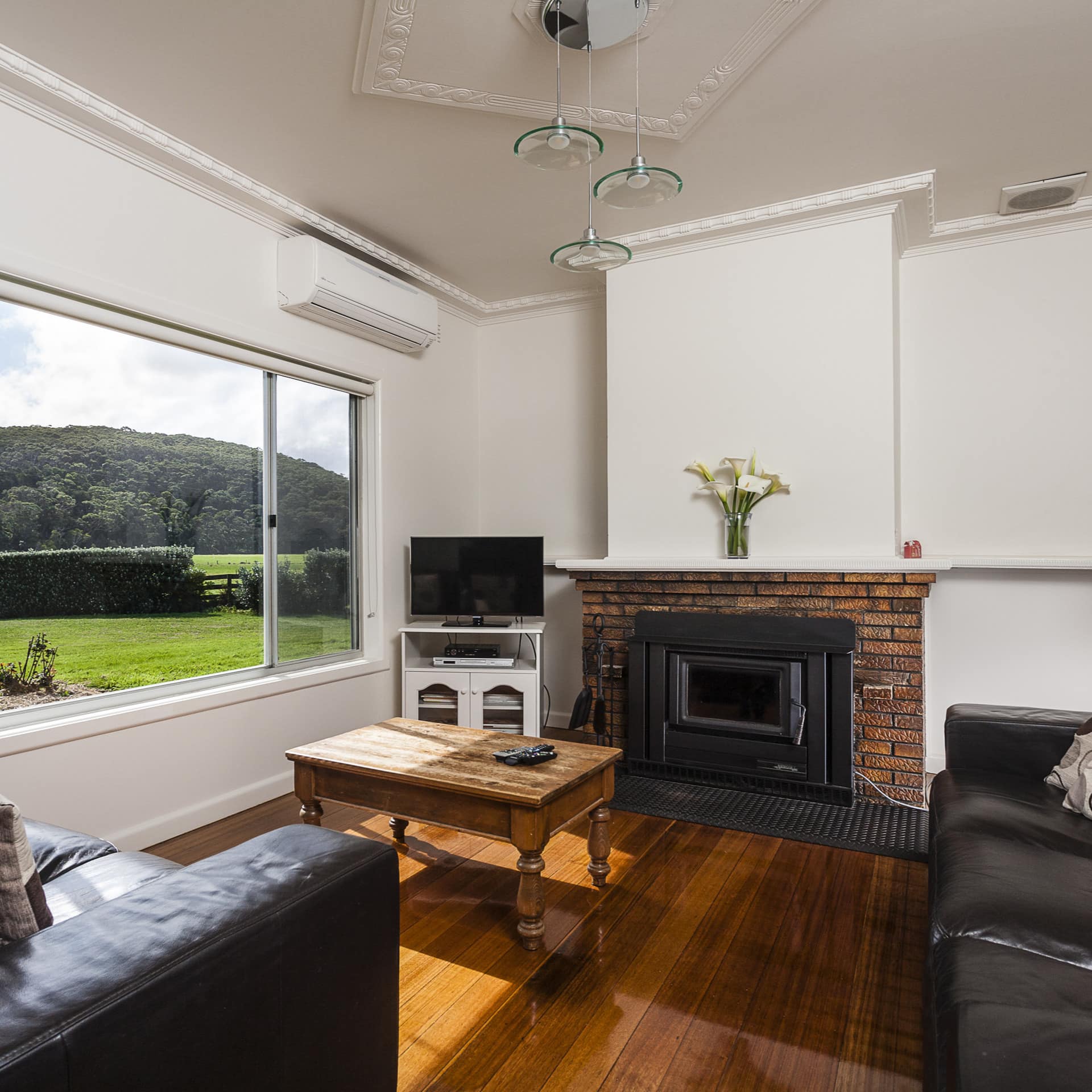Sunlit living room with hardwood floors, leather sofa, brick fireplace, wooden coffee table, wide windows with rural views.