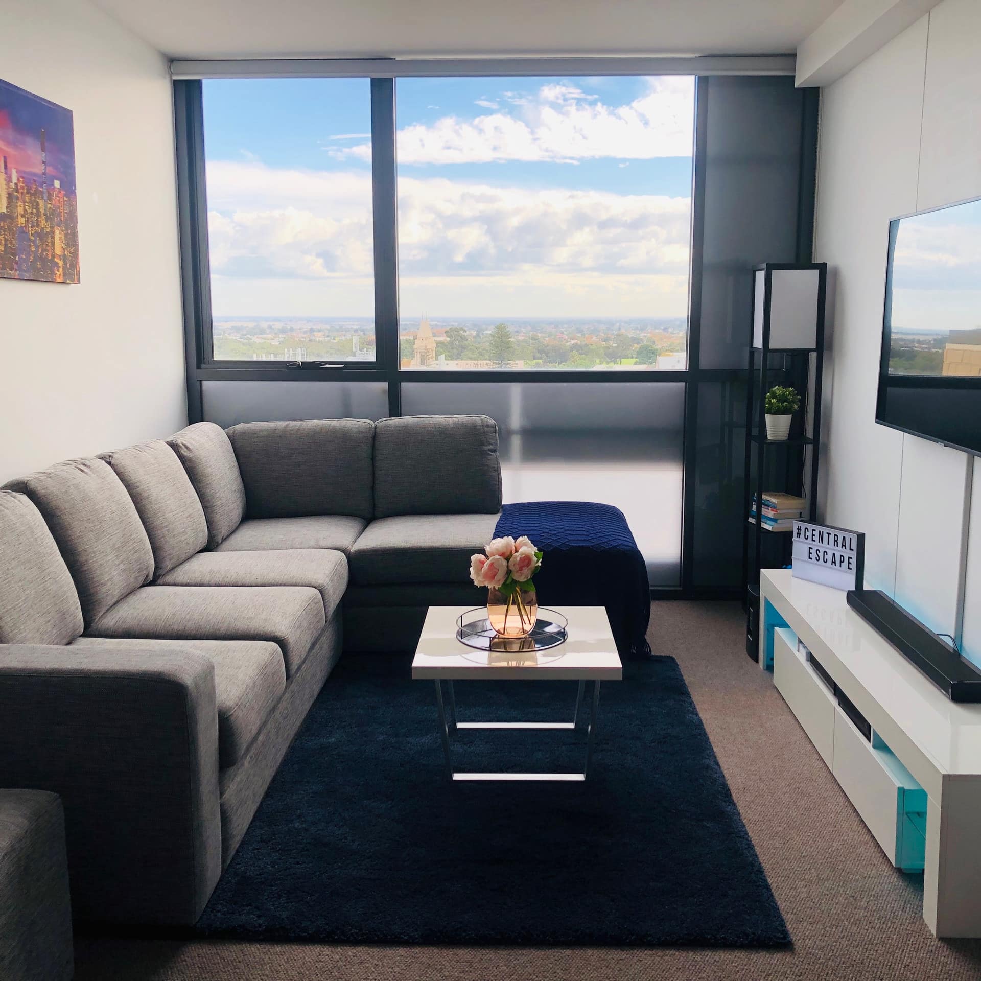 Cozy living room with grey L-shaped sectional, navy blue rug, flatscreen TV, and tall windows.