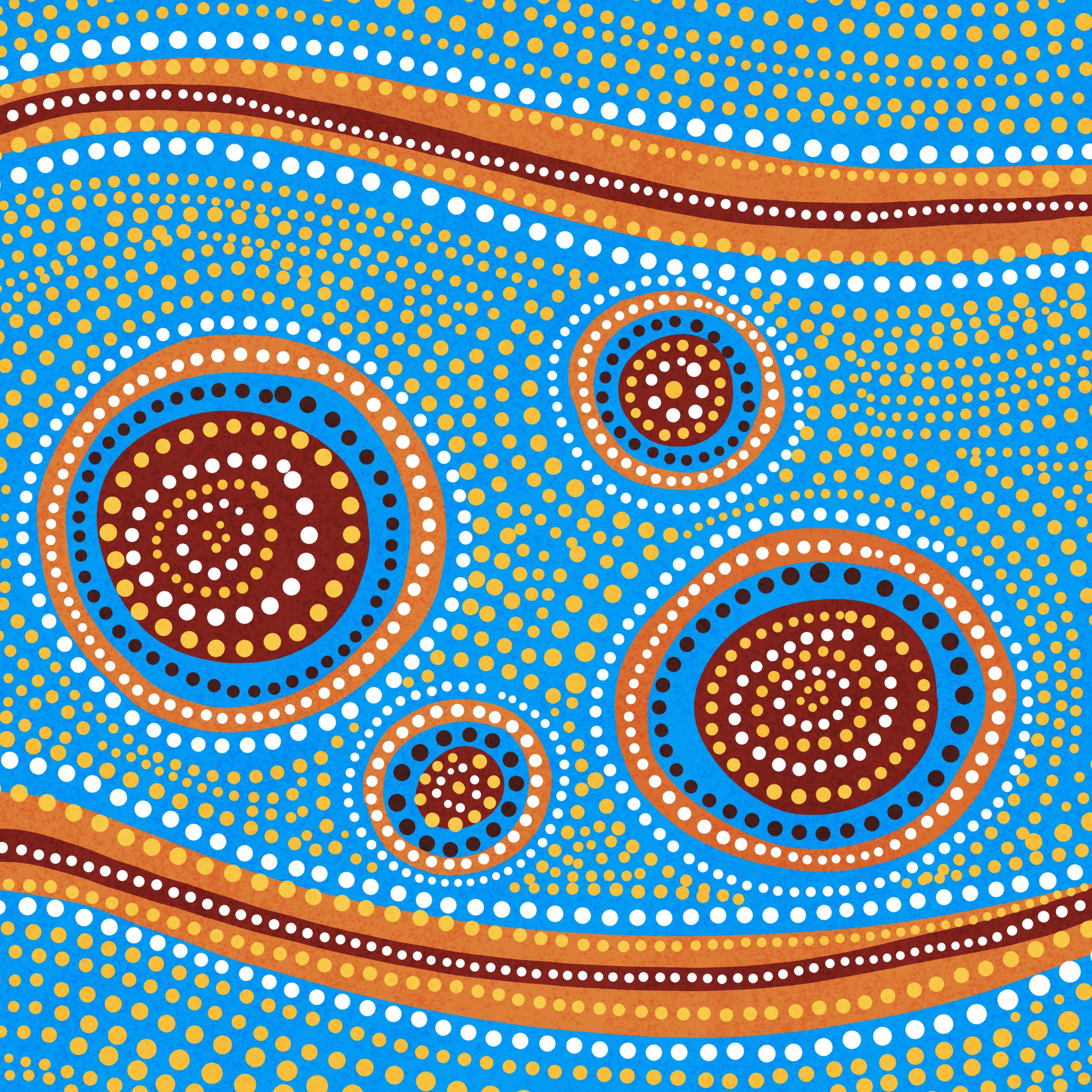 Blue, white, red, and orange Australian Aboriginal style dot painting artwork