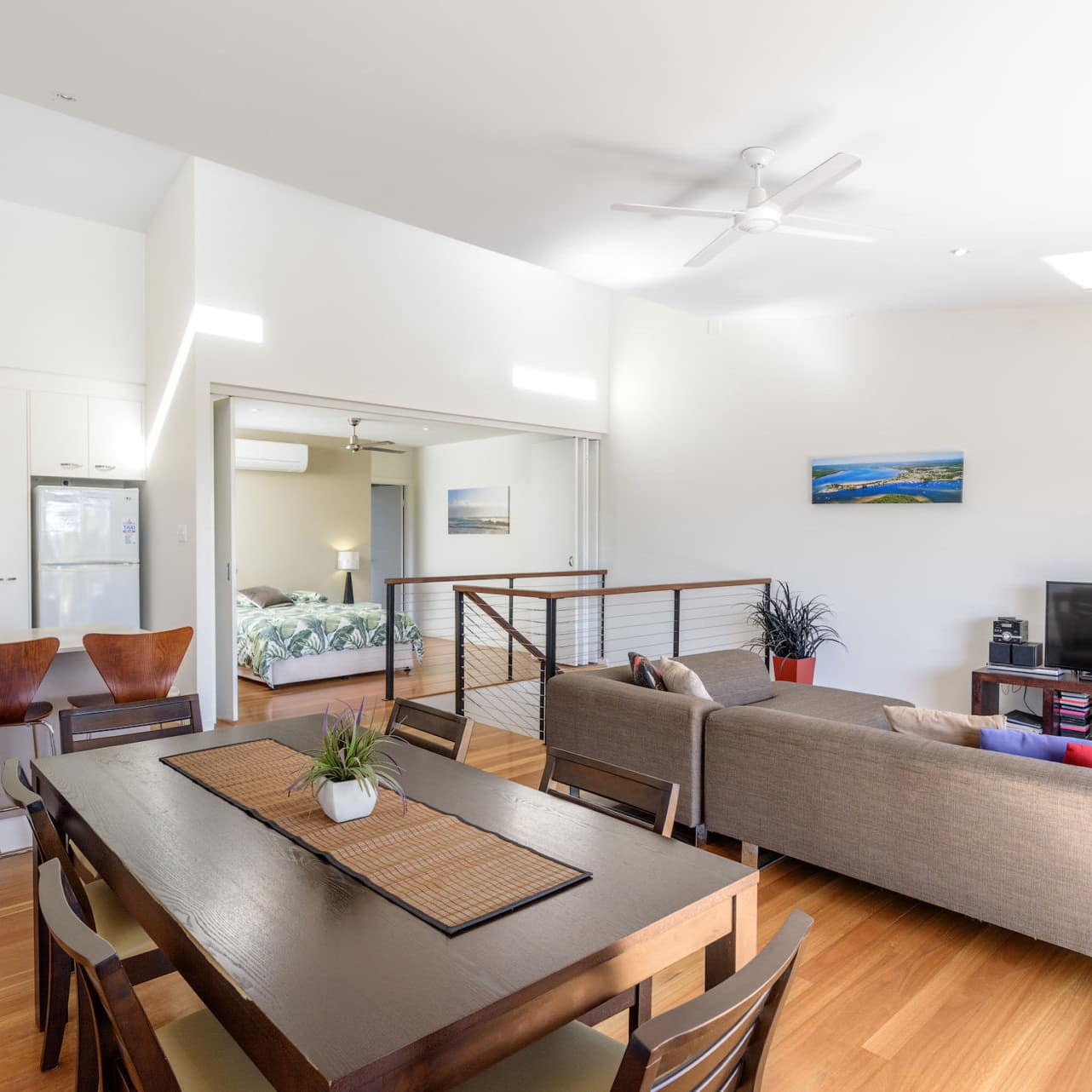 Open kitchen, lounge and dining area of 3-bedroom apartment